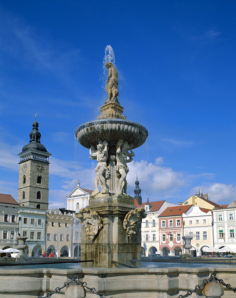 The Samson Fountain, The Old Town Square, Ceske Budejovice, South Bohemia, Czech Republic, Europe