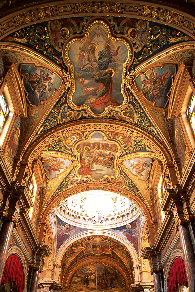 View of ceiling inside St. Pauls Shipwreck Church, Valetta, UNESCO World Heritage Site, Malta, Europe