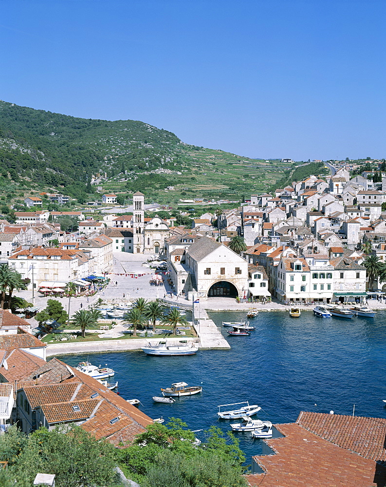 Town skyline and harbour, Hvar, Hvar Island, Adriatic Islands, Croatia, Europe