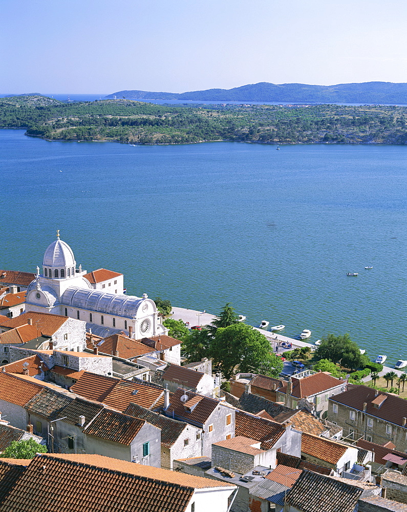 City skyline and rooftops including Cathedral of St. James, UNESCO World Heritage Site, Sibenik, Dalmatian Coast, Croatia, Europe