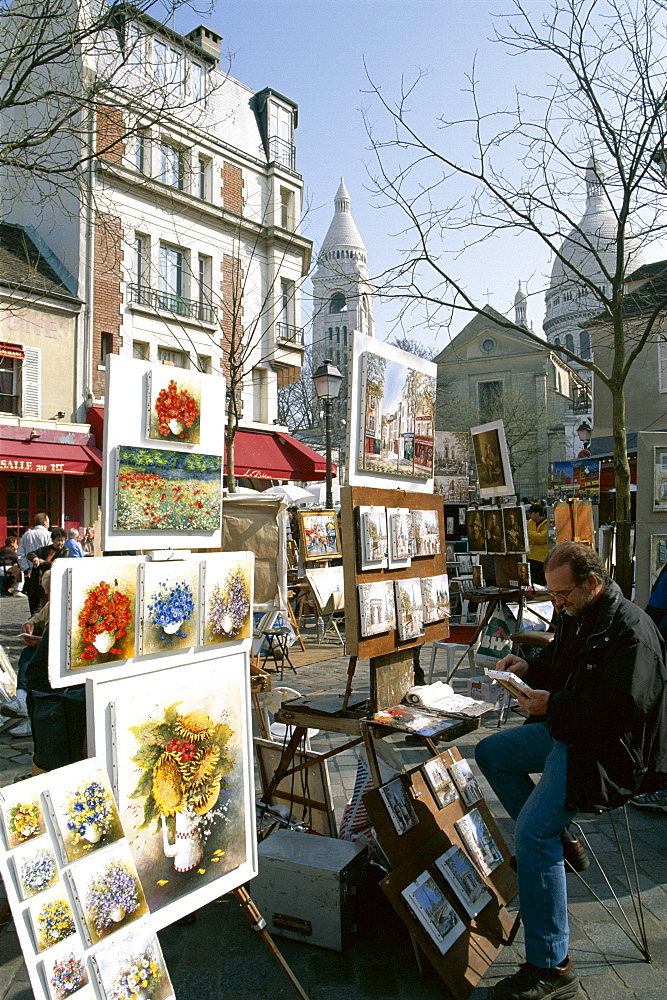 Artists with paintings for sale, Place du Tertre, Montmartre, Paris, France, Europe