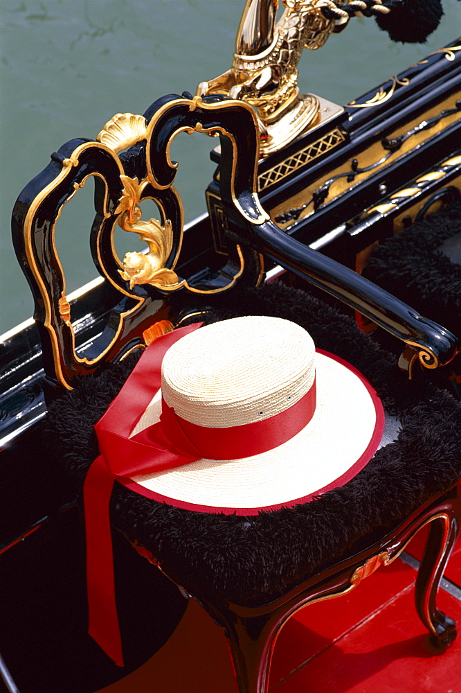 Gondoliers hat and detail of gondola, Venice, Veneto, Italy, Europe