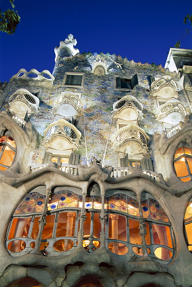 Casa Batllo at night, by Antoni Gaudi, Barcelona, Catalonia, Spain, Europe