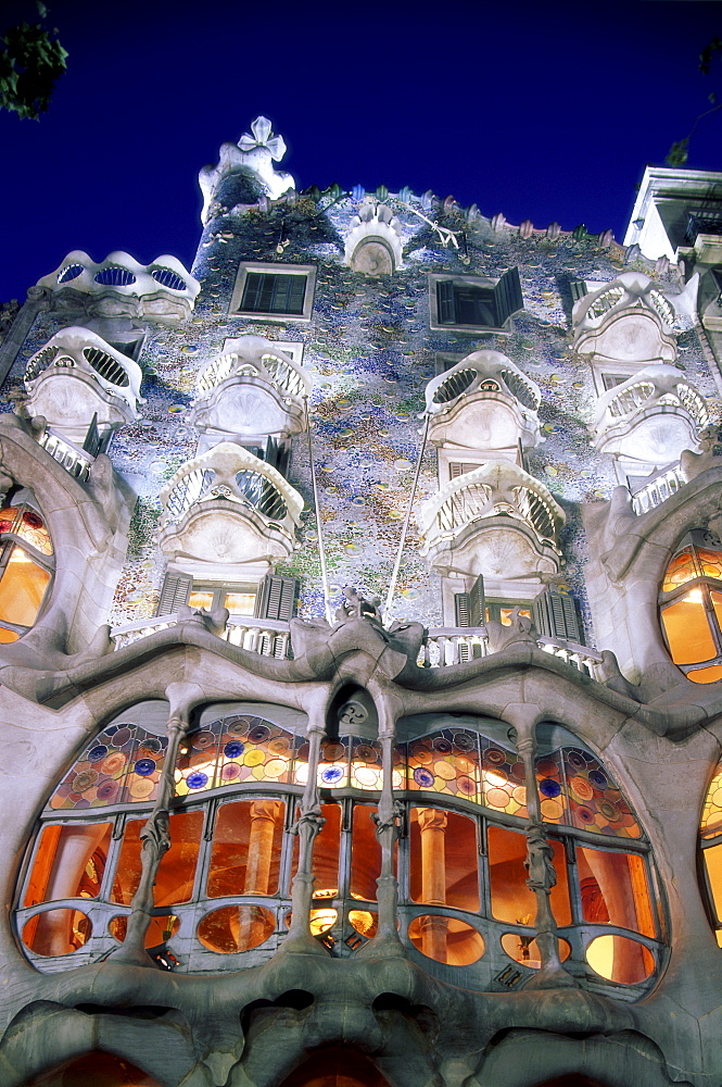 Casa Batllo at night, by Antoni Gaudi, Barcelona, Catalonia, Spain, Europe