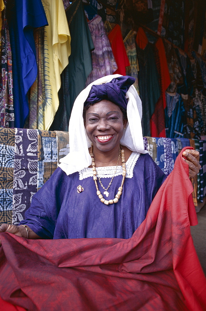 Batik vendor, Albert Market, Banjul, Gambia, West Africa, Africa