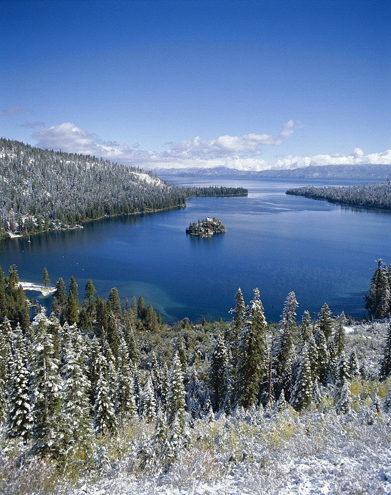 Emerald Bay with snow, Lake Tahoe, California, United States of America, North America