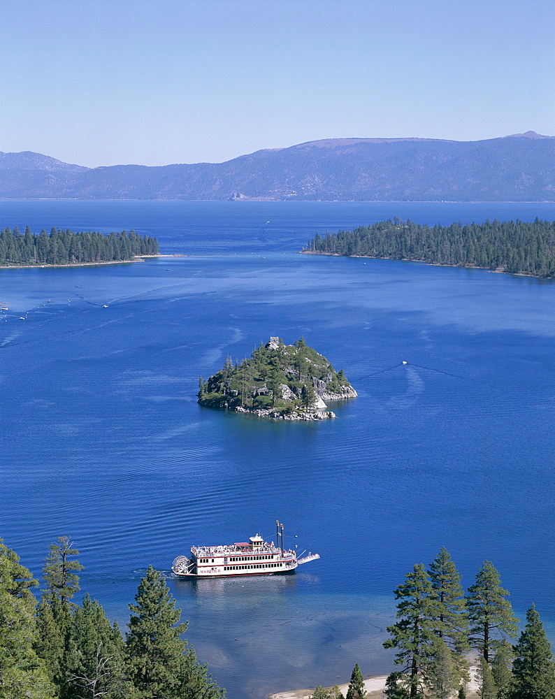 Emerald Bay and tour boat, Lake Tahoe, California, United States of America, North America