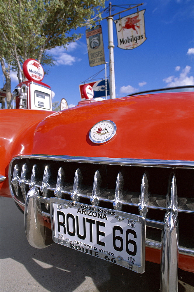 Route 66, Red Chevrolet Corvette 1957 Car at Gas Station, Hackberry, Arizona, United States of America, North America