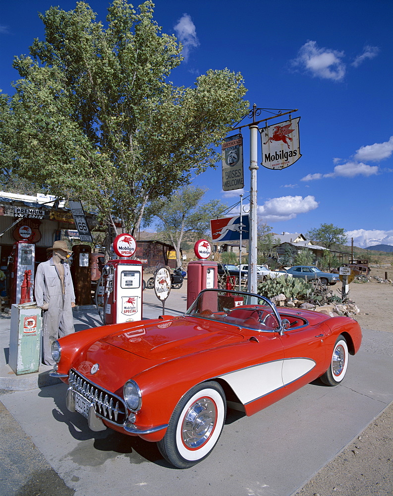 Route 66, Red Chevrolet Corvette 1957 Car at Gas Station, Hackberry, Arizona, United States of America, North America