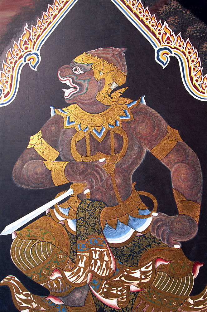 Detail of murals depicting scenes from the Ramakian, Wat Phra Kaew, Bangkok, Thailand, Southeast Asia, Asia