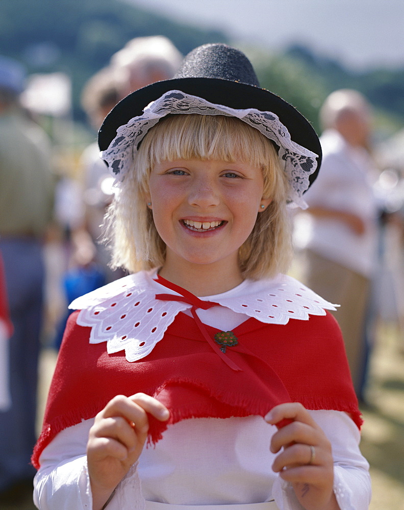 Girl dressed in Welsh national costume, Wales, United Kingdom, Europe