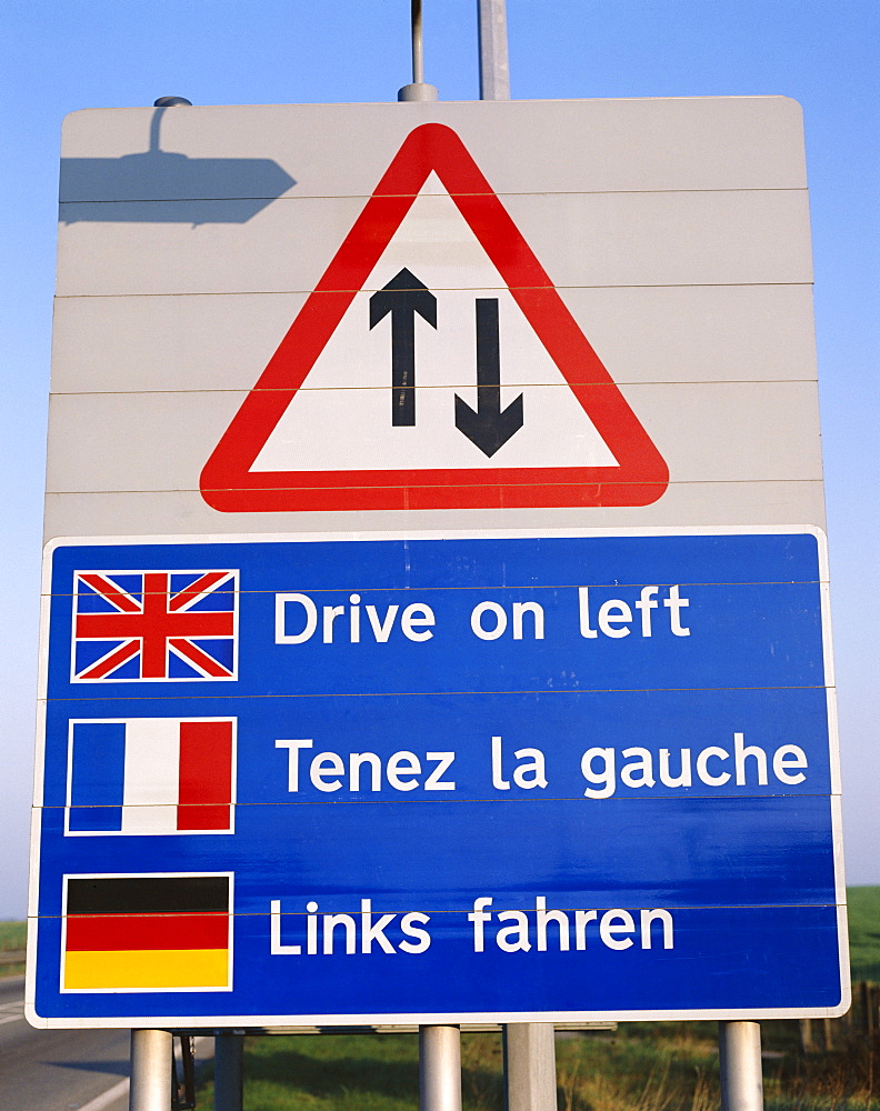 Multi Lingual Keep Left road sign, Kent, England, United Kingdom, Europe