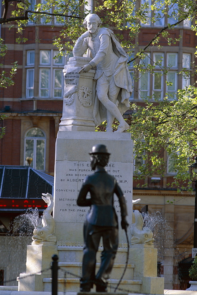 Charlie Chaplin statue and Shakespeare statue, Leicester Square, London, England, United Kingdom, Europe