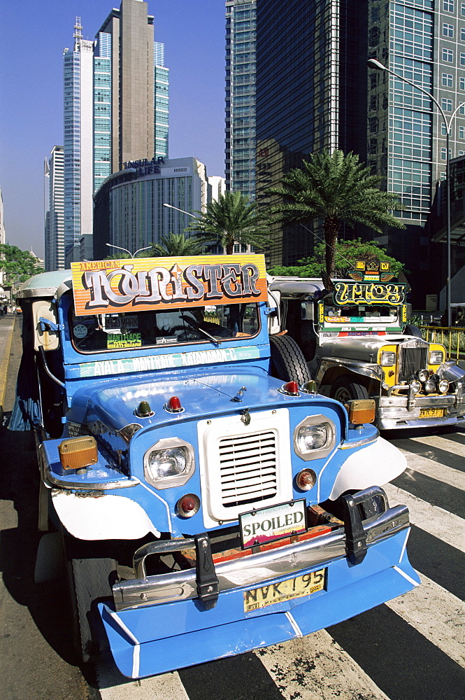 Jeepneys in the Makati Financial District, Manila, Philippines, Southeast Asia, Asia