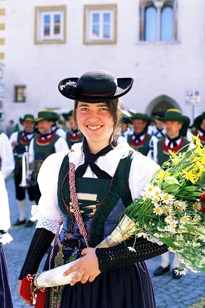 Girl in regional costume at Corpus Domini Festival at San Lorenzo, Dolomites, Trento, Italy, Europe