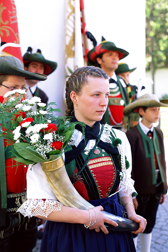 Girl in regional costume at Corpus Domini Festival at San Lorenzo, Dolomites, Trento, Italy, Europe