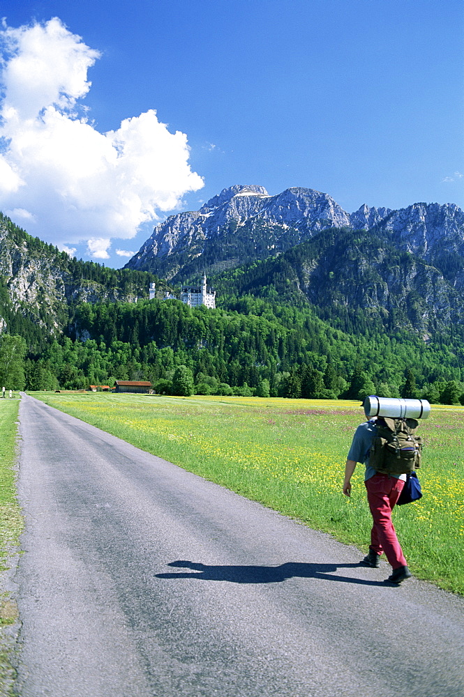 Hiker on road walking towards Neuschwanstein Castle, Bavaria, Germany, Europe