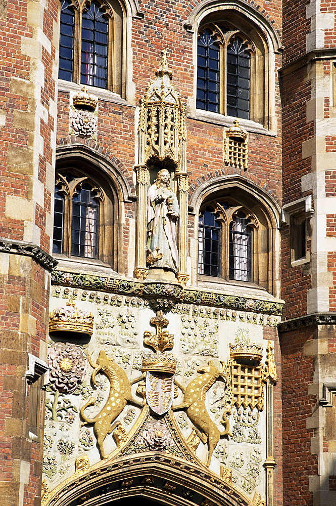 Carved detail on facade of the front gate, St. Johns College, Cambridge, Cambridgeshire, England, United Kingdom, Europe