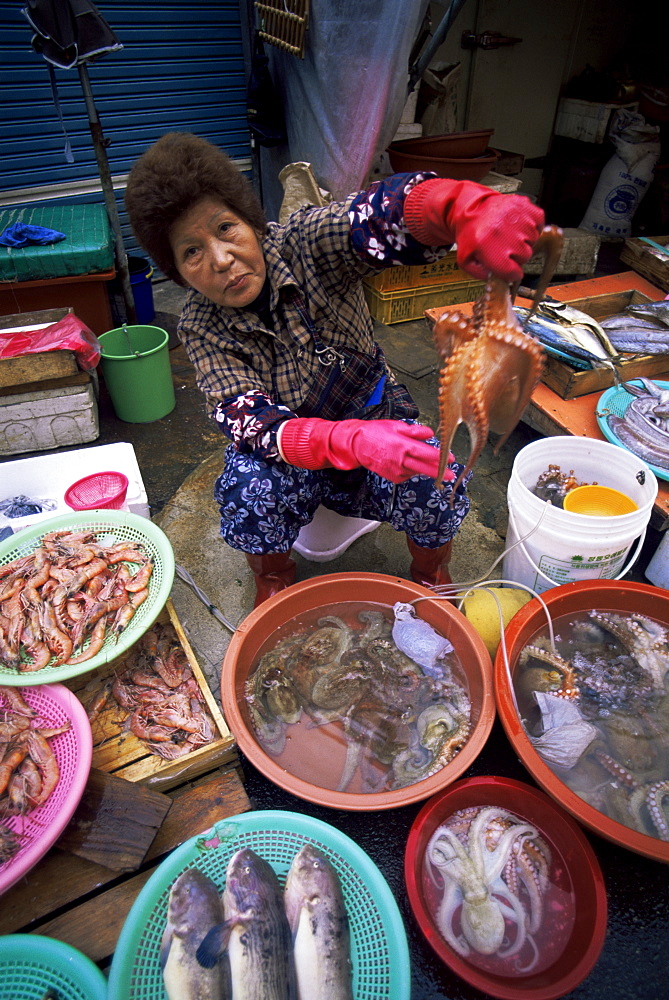 Woman selling octopus, Jagalchi Market, Busan, South Korea, Asia