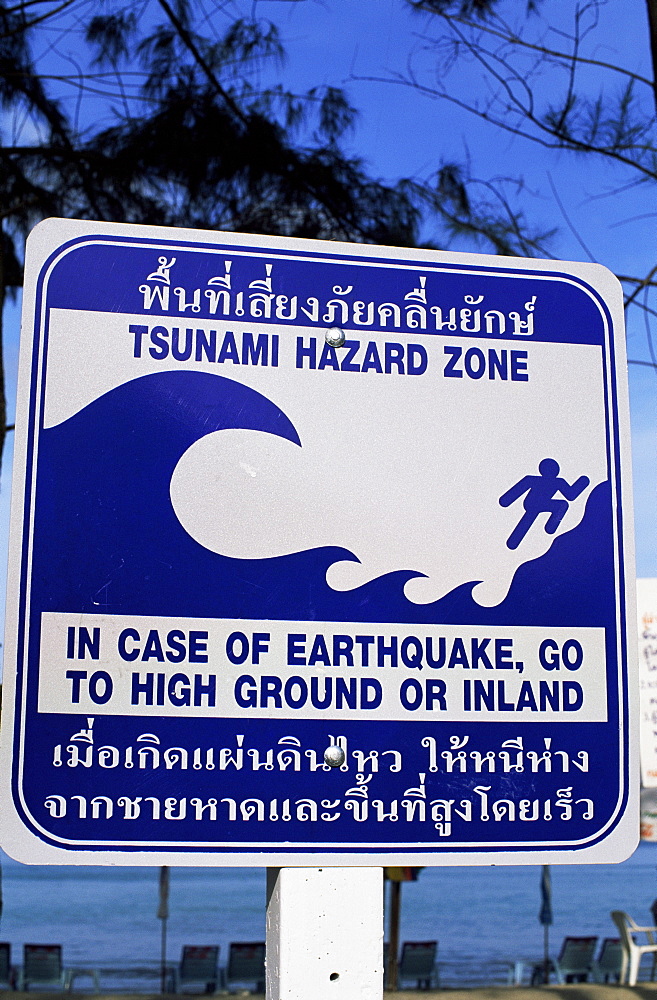 Tsunami warning sign, Kamala Beach, Phuket, Thailand, Southeast Asia, Asia