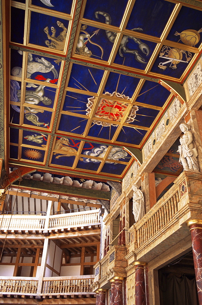 Shakespeares Globe Theatre stage and balcony, London, England, United Kingdom, Europe