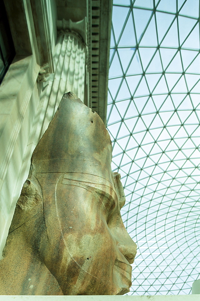 Head of the Egyptian pharaoh Amenhotep III in the Great Court, British Museum, Bloomsbury, London, England, United Kingdom, Europe