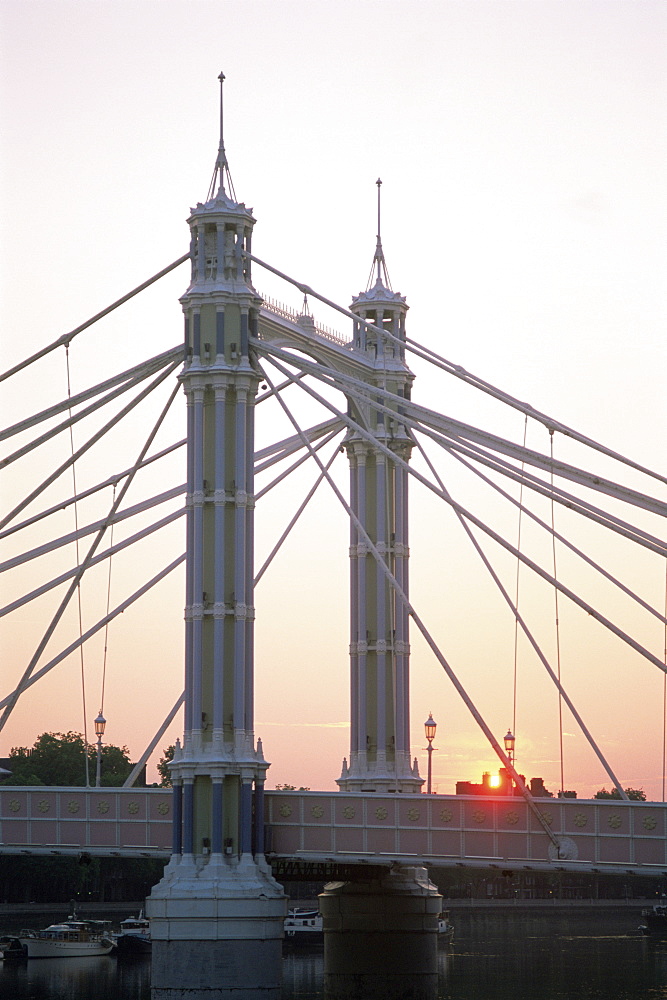 Albert Bridge at sunrise, Chelsea, London, England, United Kingdom, Europe