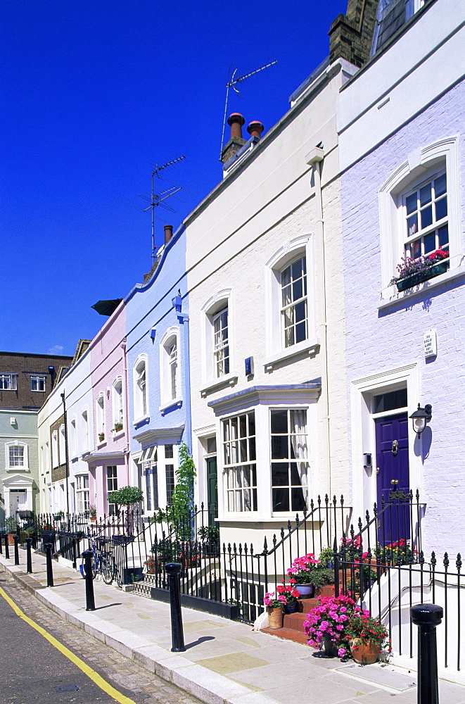 Colourful houses, Bywater Street, Chelsea, London, England, United Kingdom, Europe