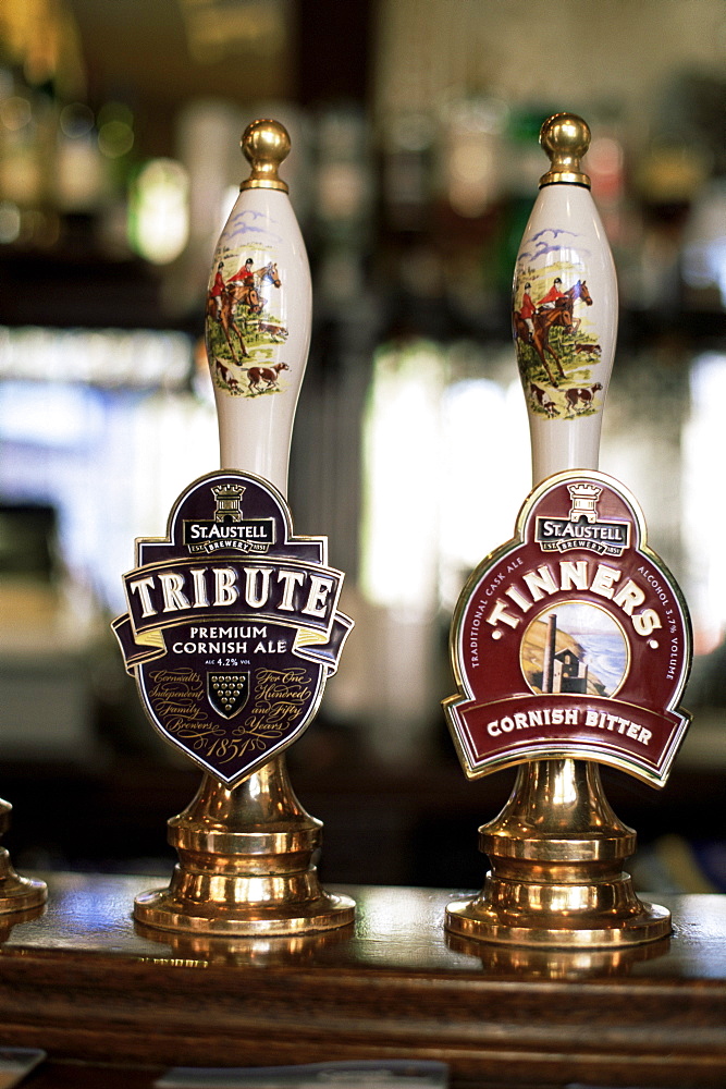 Typical pub beer pump handles, London, England, United Kingdom, Europe