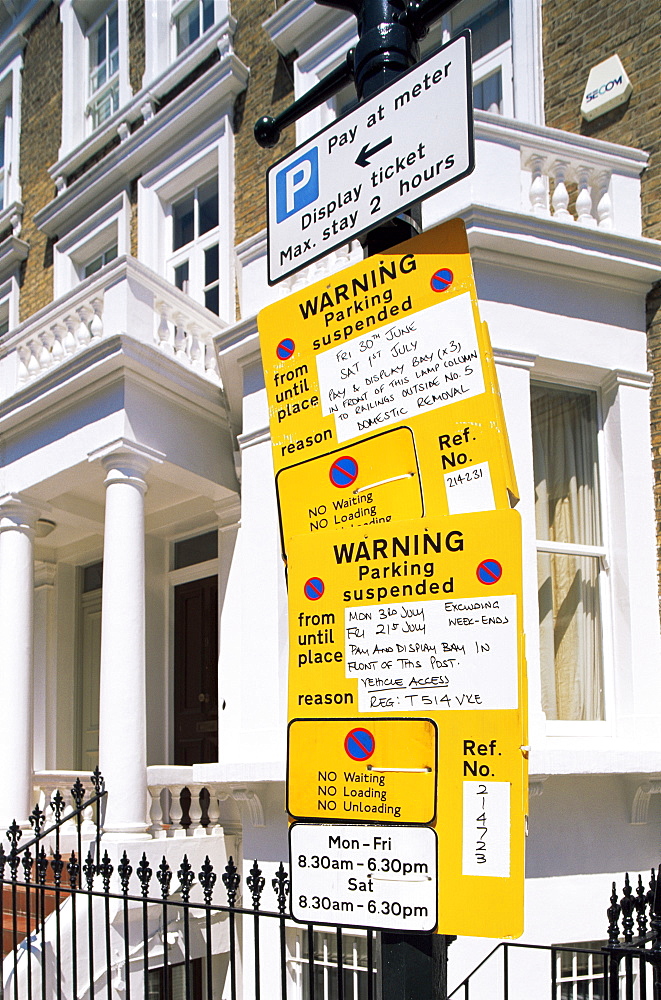 Parking suspension signs, London, England, United Kingdom, Europe