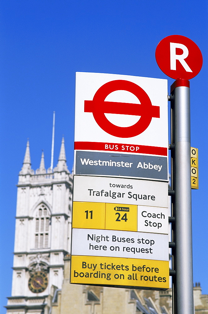 Bus stop sign near Westminster Abbey, London, England, United Kingdom, Europe