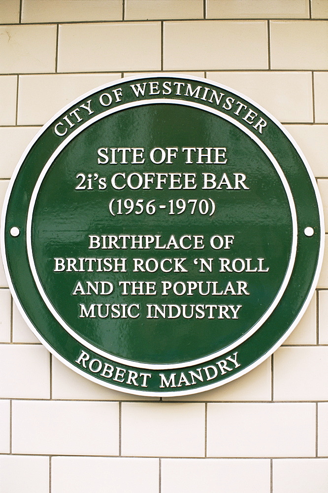 The Birthplace of British Rock'n Roll, 2i's Coffee Bar plaque, Soho, London, England, United Kingdom, Europe