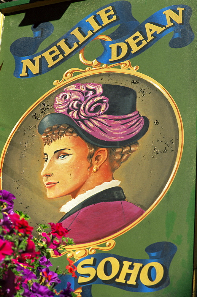 The Nellie Dean of Soho pub sign, London, England, United Kingdom, Europe