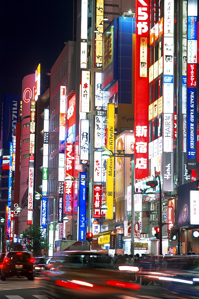 Night lights on Shinjuku Dori, Shinjuku, Tokyo, Japan, Asia