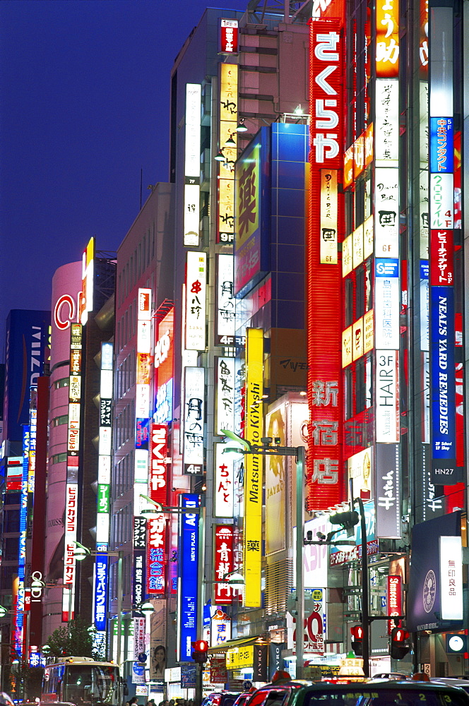 Lights at night on Shinjuku Dori, Shinjuku, Tokyo, Japan, Asia