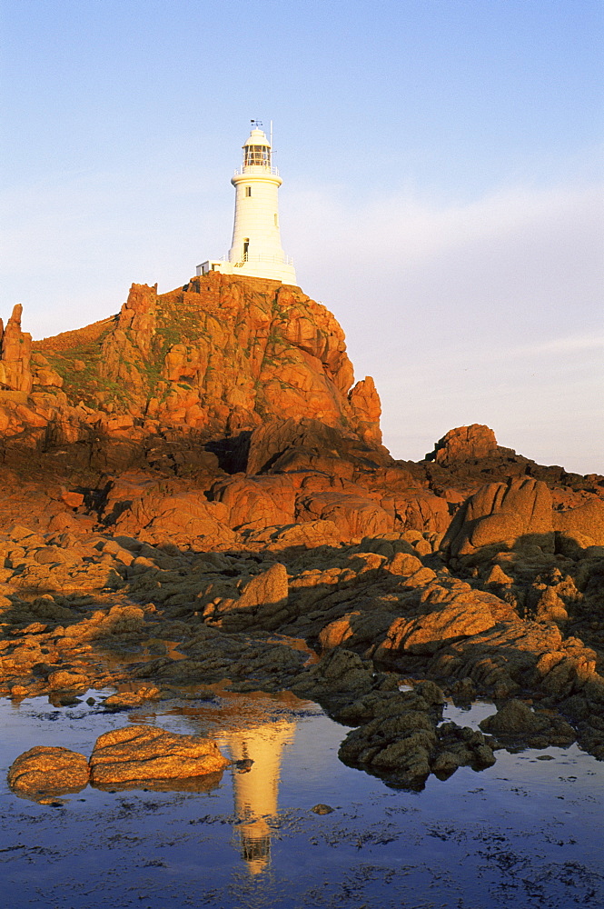 La Corbiere Lighthouse at dawn, Jersey, Channel Islands, United Kingdom, Europe