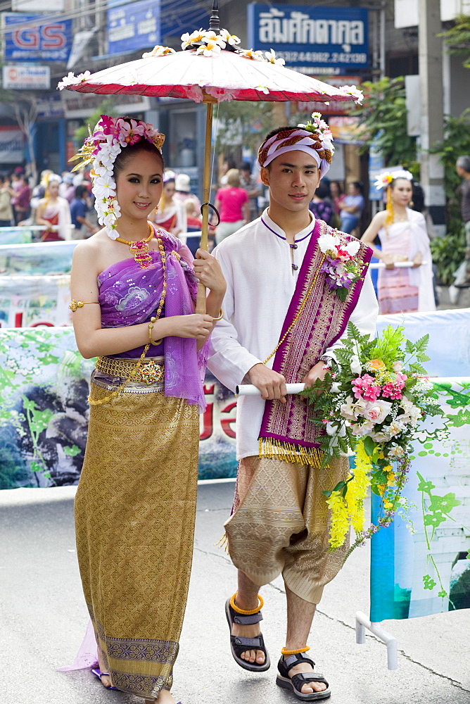 Couple in traditional Thai costume at the Chiang Mai Flower Festival, Chiang Mai, Thailand, Southeast Asia, Asia