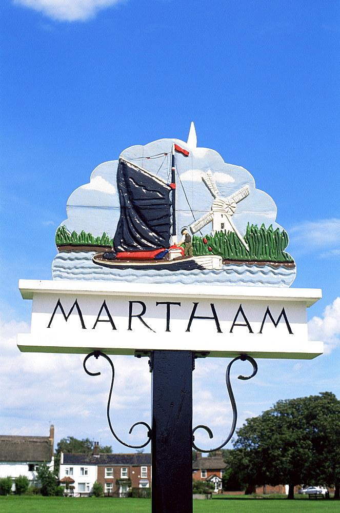 Martham village sign depicting typical Norfolk Broad scene, Norfolk Broads, Norfolk, England, United Kingdom, Europe