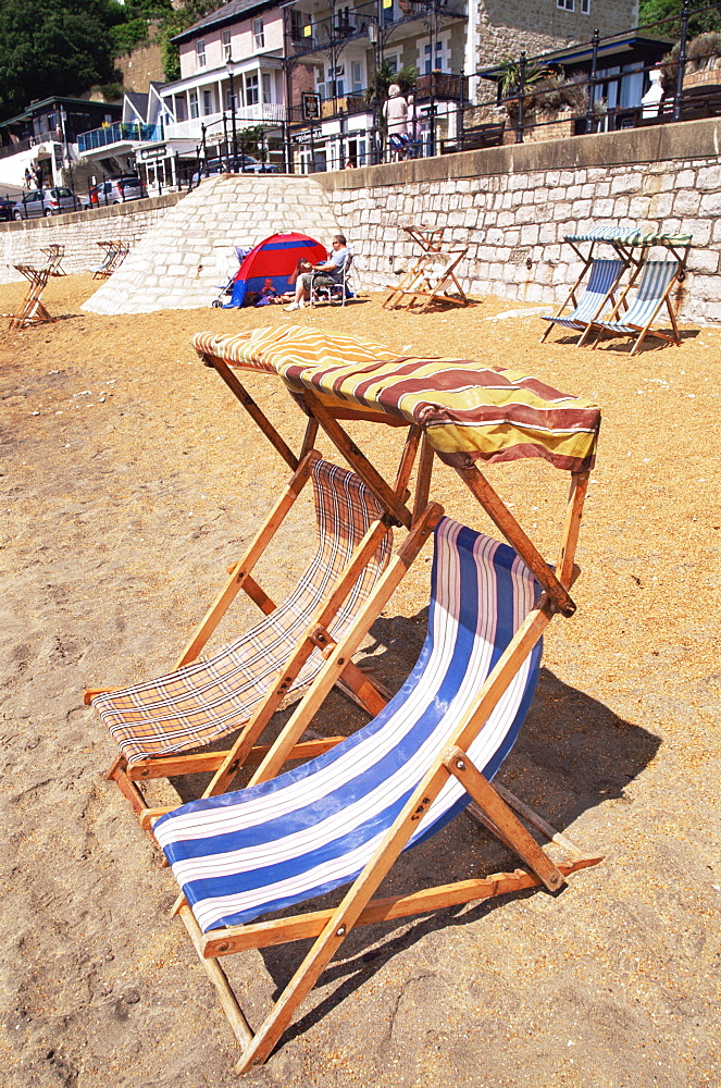 Empty deckchairs on beach, Ventnor, Isle of Wight, England, United Kingdom, Europe