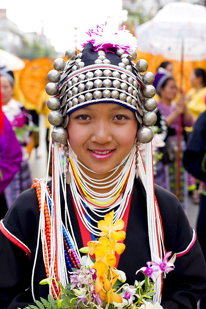 Akha hilltribe girl wearing traditional costume, Golden Triangle, Thailand, Southeast Asia, Asia