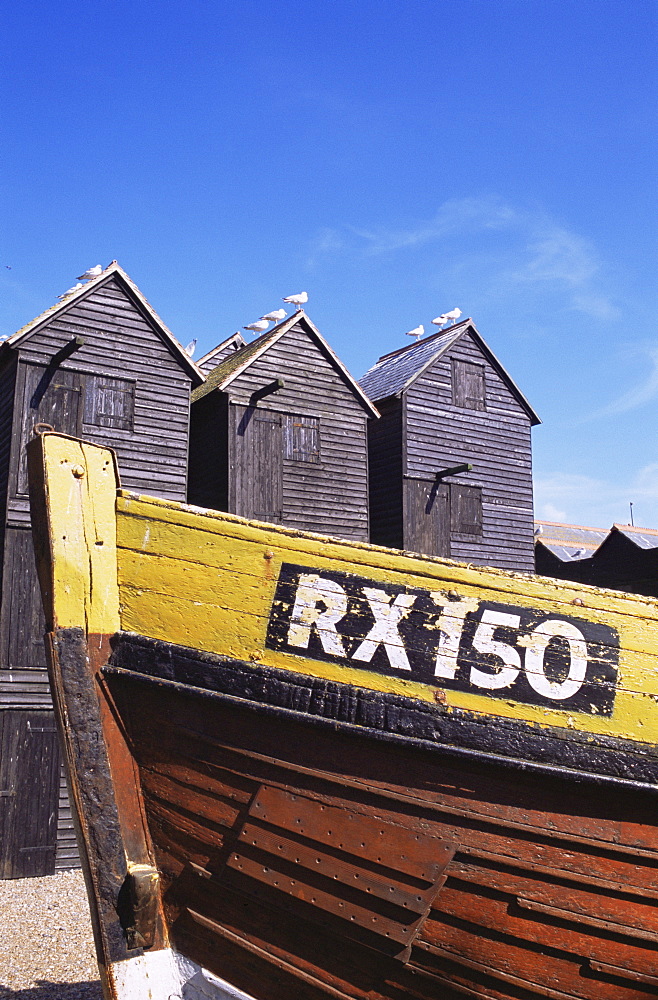 Fishing boat and net huts in Hastings Old Town, Hastings, East Sussex, England, United Kingdom, Europe