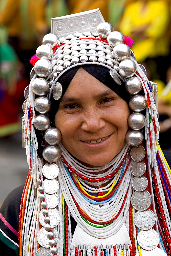 Akha hilltribe woman wearing traditional silver headpiece and costume, Golden Triangle, Thailand, Southeast Asia, Asia