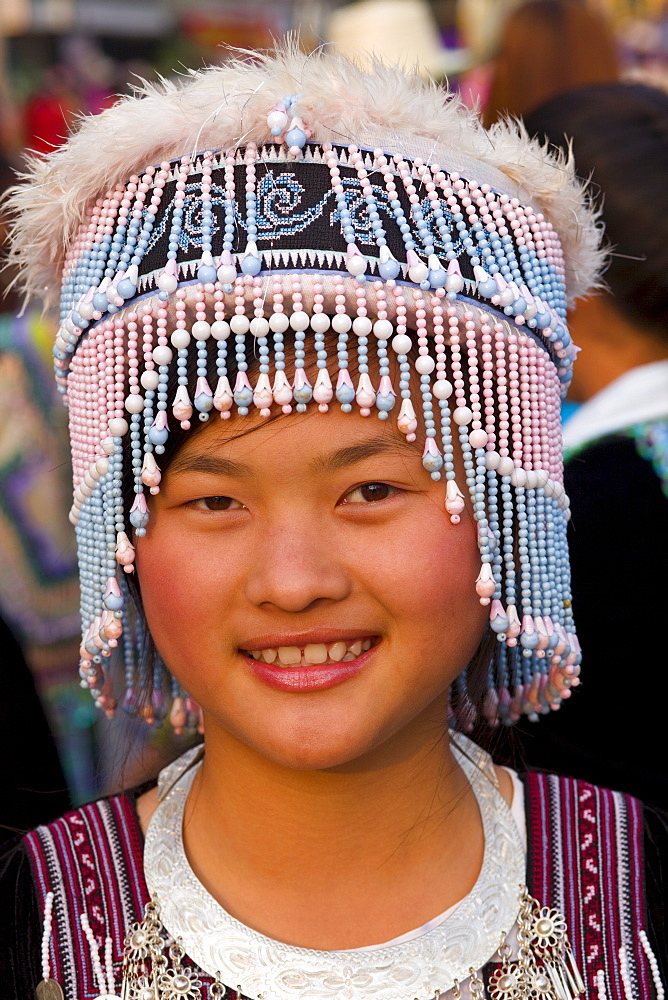 Hilltribe girl wearing traditional costume, Golden Triangle, Thailand, Southeast Asia, Asia