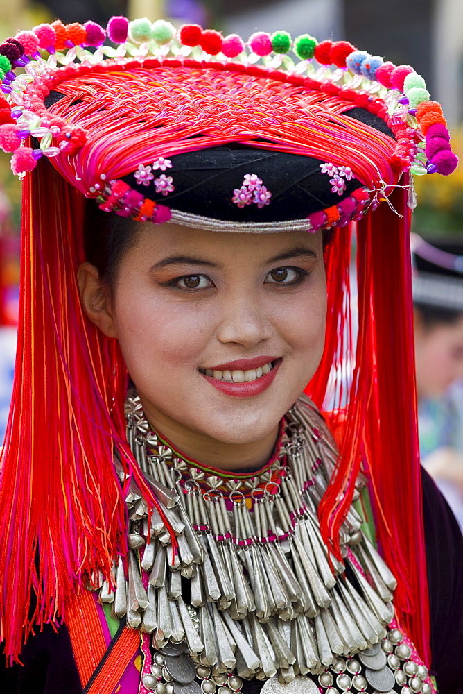 Lisu hilltribe girl wearing traditional costume, Golden Triangle, Thailand, Southeast Asia, Asia