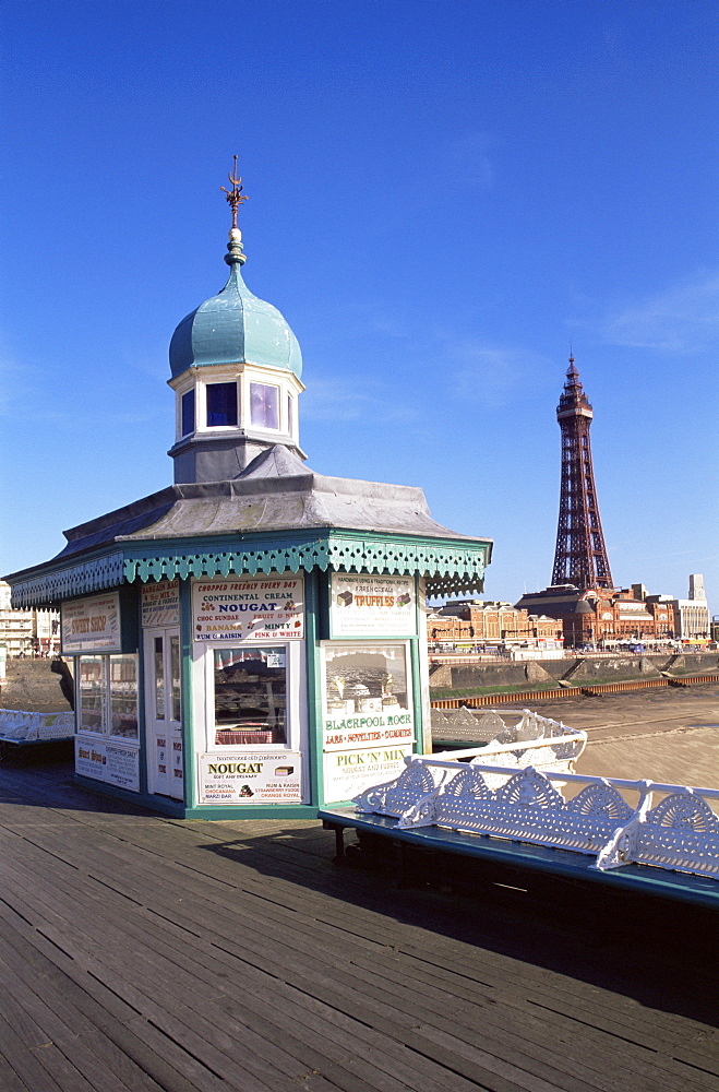 Kiosk on North Pier and Blackpool Tower, Blackpool, Lancashire, England, United Kingdom, Europe