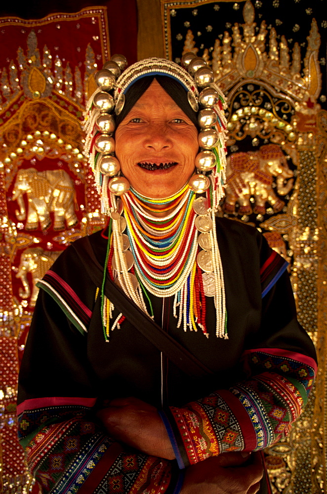 Akha hilltribe woman wearing traditional silver headpiece, Chiang Rai, Golden Triangle, Thailand, Southeast Asia, Asia