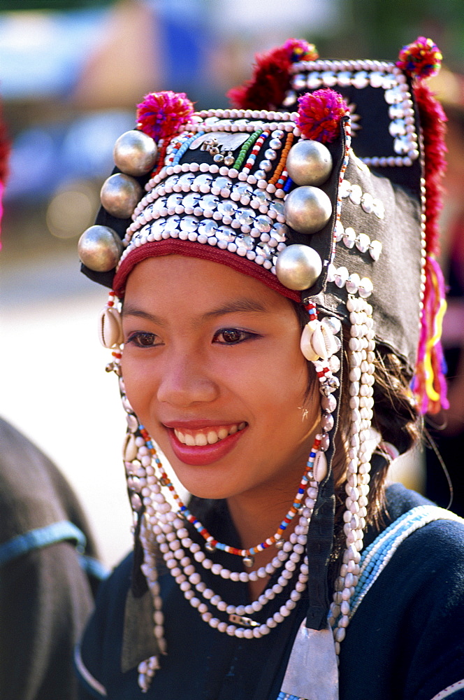 Akha hilltribe girl wearing traditional silver headpiece and costume, Chiang Rai, Golden Triangle, Thailand, Southeast Asia, Asia