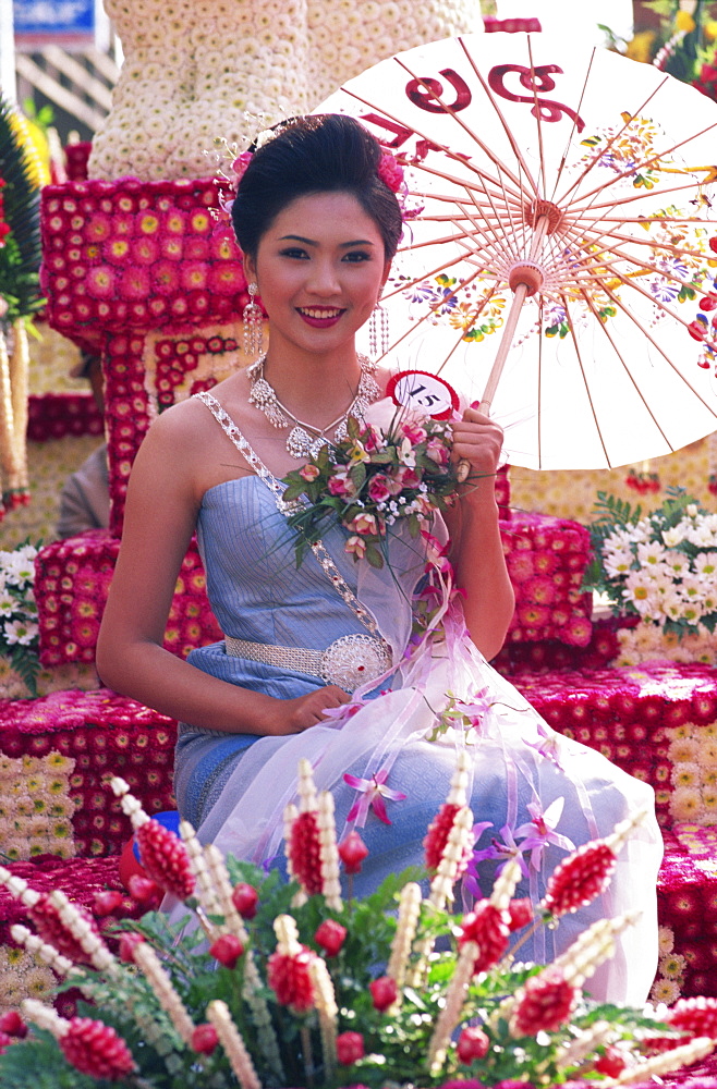 Young woman on a floral float, Flower Festival, Chiang Mai, Thailand, Southeast Asia, Asia