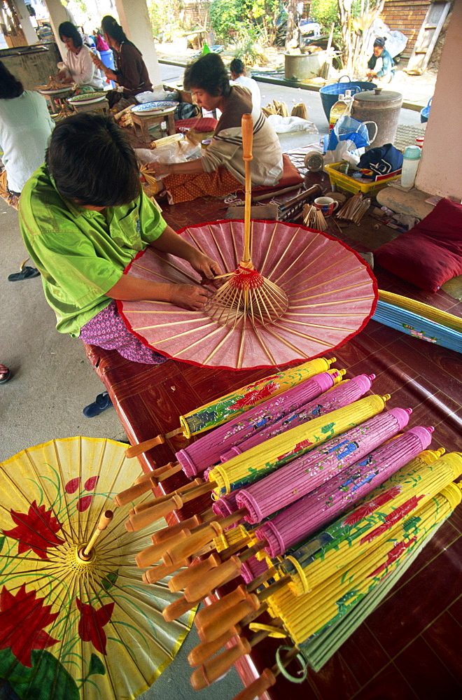 Umbrella making at Borsang Village, Chiang Mai, Thailand, Southeast Asia, Asia