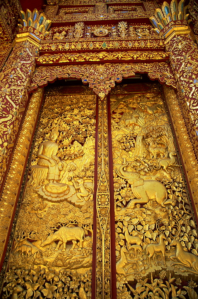 Doorway depicting the Buddha and elephant at Wat Bupparam, Chiang Mai, Thailand, Southeast Asia, Asia